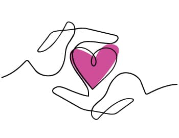 Illustration eines lila gefärbten Herzens, das schützend und liebevoll von zwei Händen gehalten wird.