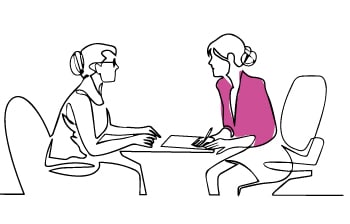 Illustration eines Bewerbungsgesprächs: Eine Personalverantwortliche des Amilisa Pflegedienstes führt ein Gespräch mit einer Bewerberin.