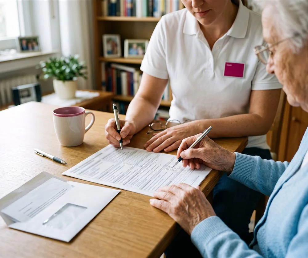 Hände einer Pflegekraft und einer Seniorin füllen gemeinsam ein Formular aus