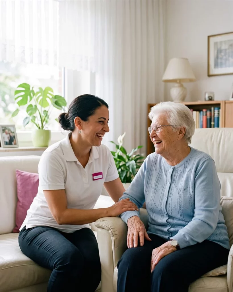 Pflegekraft von Amilisa sitzt auf Augenhöhe neben einer lachenden Seniorin im Wohnzimmer