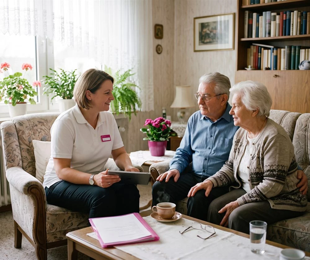 Beratungsbesuch: Pflegekraft mit Tablet im Gespräch mit einem älteren Ehepaar auf dem Sofa