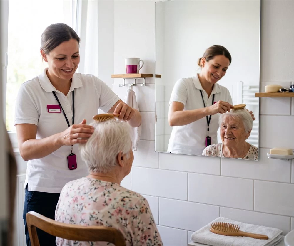 Pflegekraft kämmt einer Seniorin vor dem Spiegel die Haare, beide lächeln
